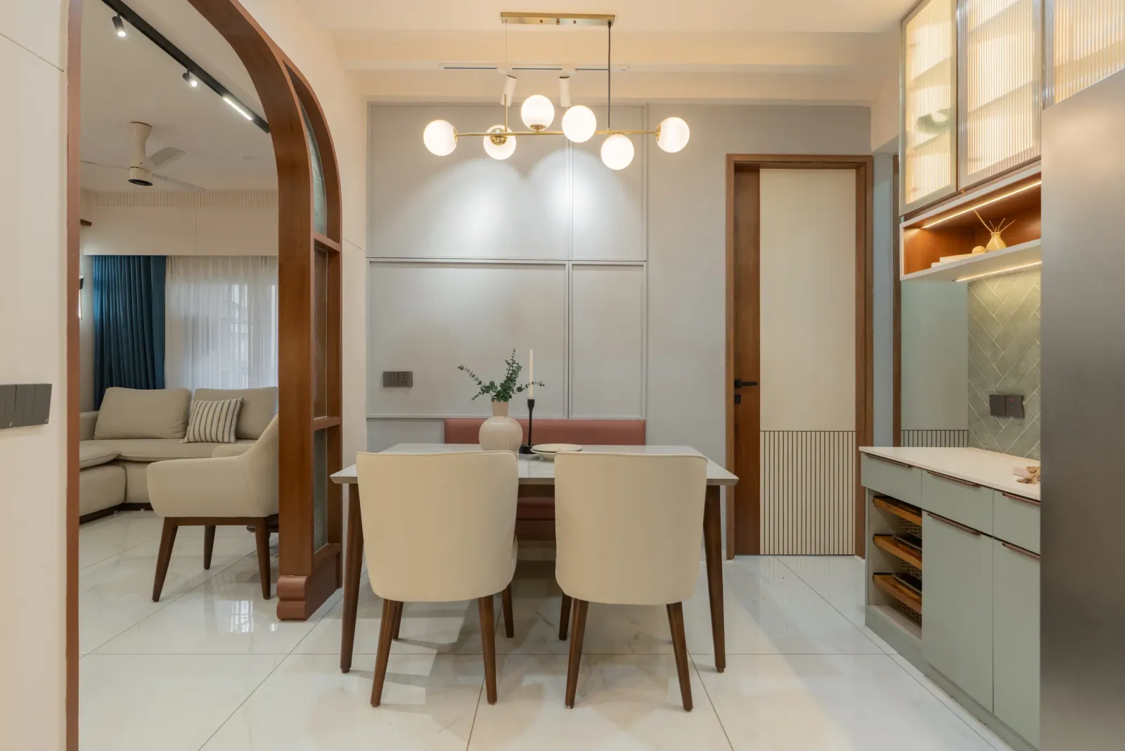 Dining area at Anand Nilay, Sarthya West, interior design by Ekaya Design Studio