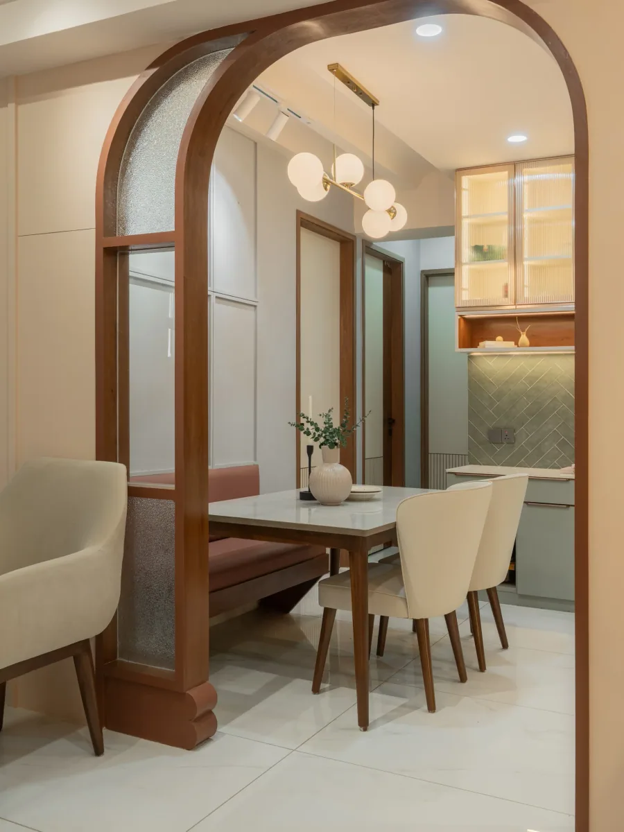 Dining area at Anand Nilay, Sarthya West, interior design by Ekaya Design Studio