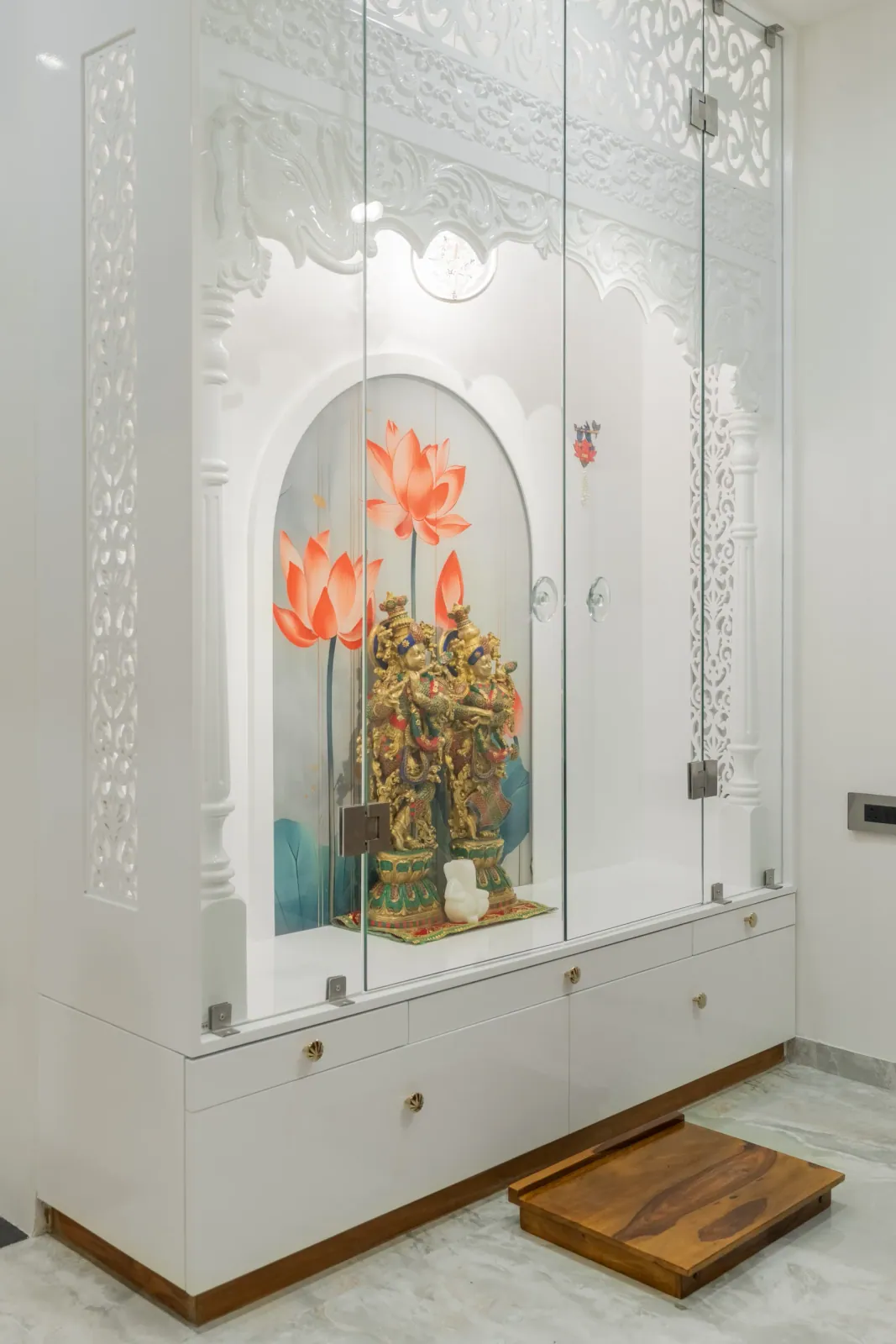Pooja unit at Bouganville, interior design by Ekaya Design Studio