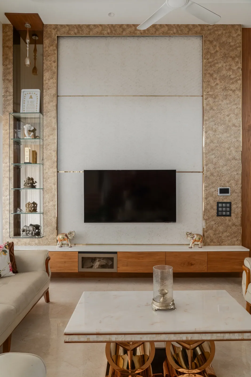 Living room TV wall at Untitled Duplex (Editorial Submission), interior design by Ekaya Design Studio
