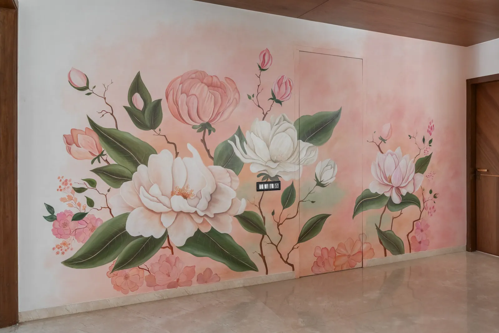 Hand-painted floral mural at Untitled Duplex (Editorial Submission), interior design by Ekaya Design Studio