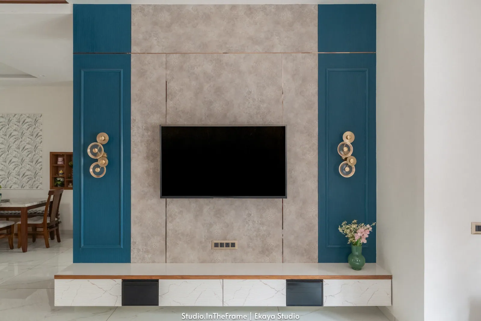 Living room TV wall at Krishna Park, interior design by Ekaya Design Studio