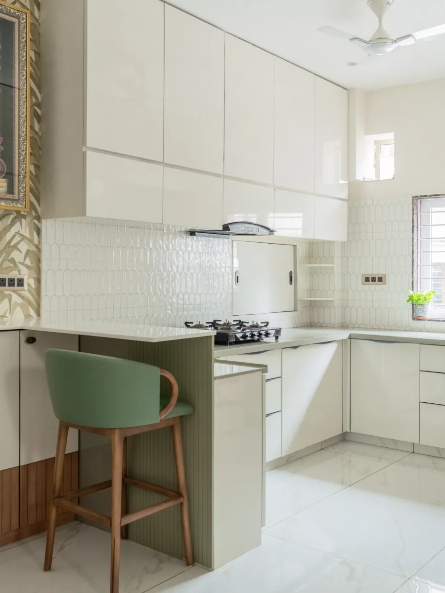 Kitchen and breakfast counter at Krishna Park, interior design by Ekaya Design Studio