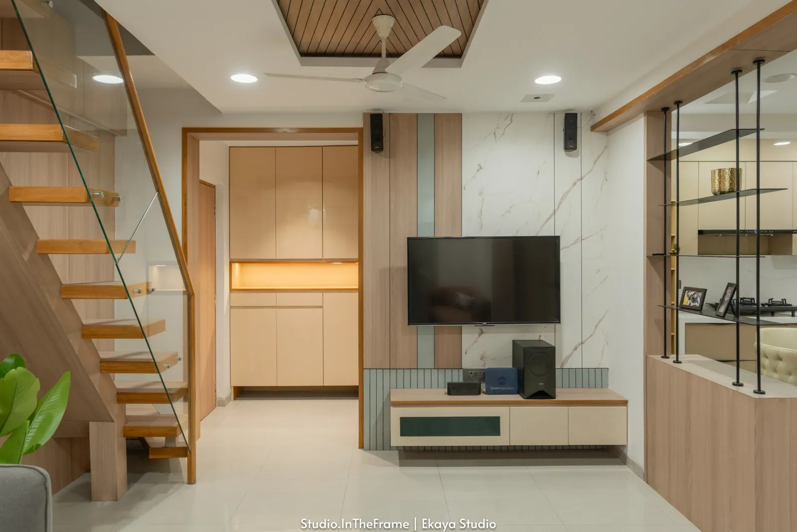 Living room TV unit at Pushkar, interior design by Ekaya Design Studio