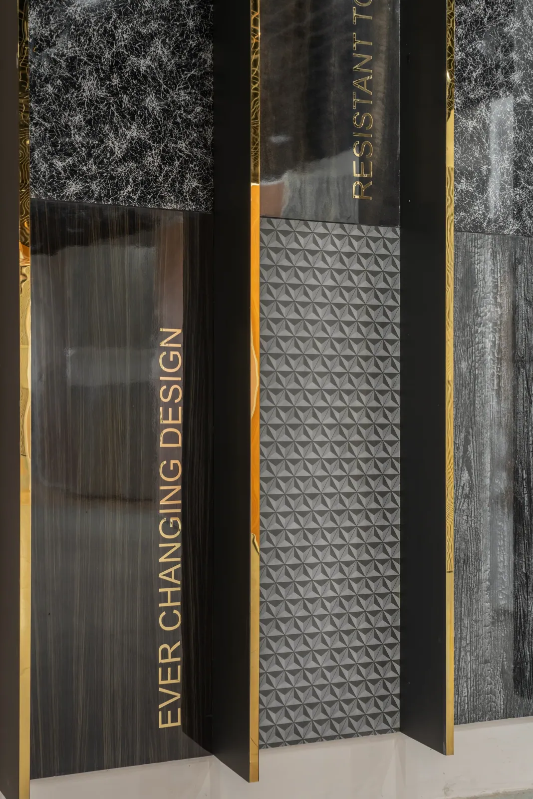 Laminate display at Royale Touche Showroom, Palanpur, interior design by Ekaya Design Studio