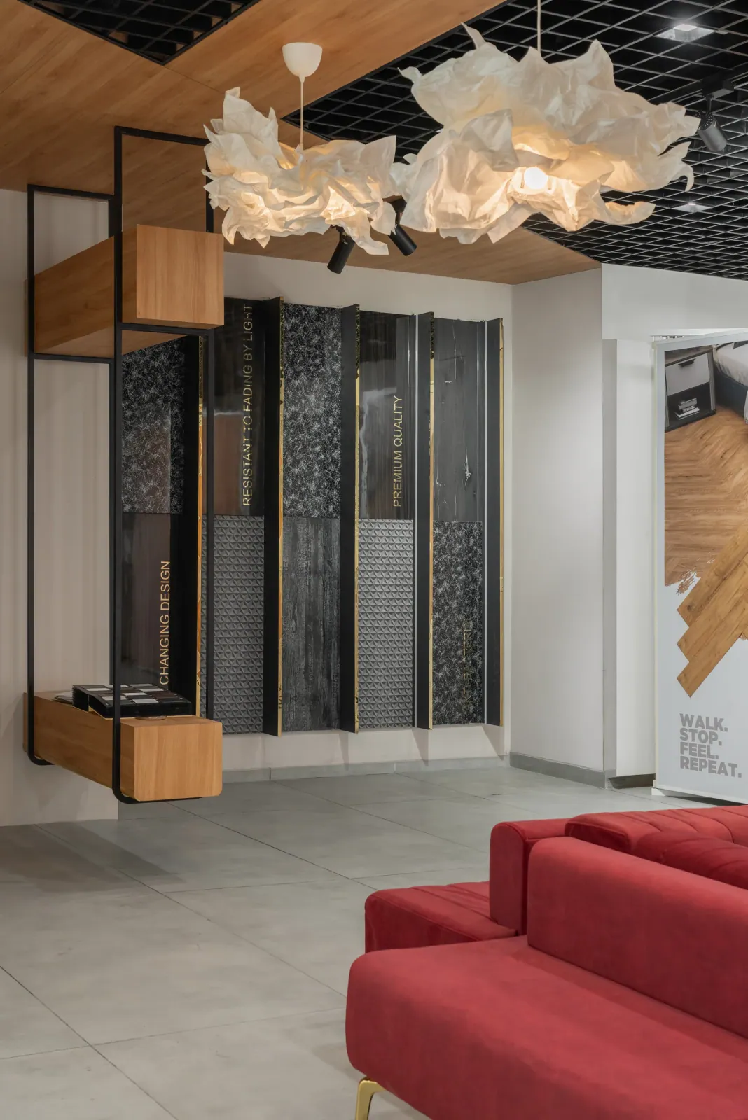 Laminate display at Royale Touche Showroom, Palanpur, interior design by Ekaya Design Studio