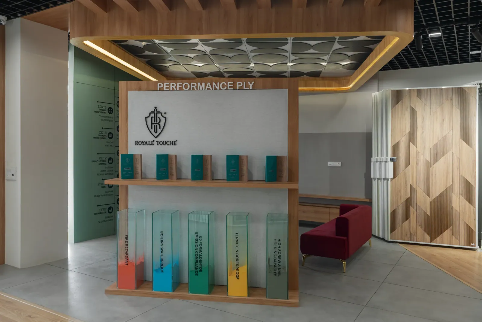 Plywood display at Royale Touche Showroom, Palanpur, interior design by Ekaya Design Studio