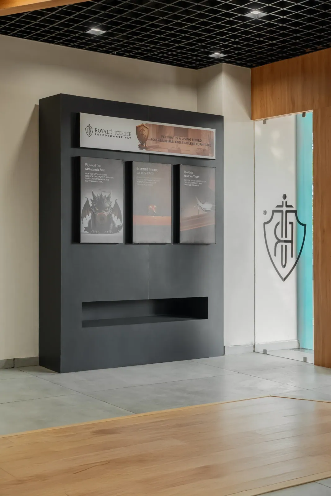 Product display at Royale Touche Showroom, Palanpur, interior design by Ekaya Design Studio