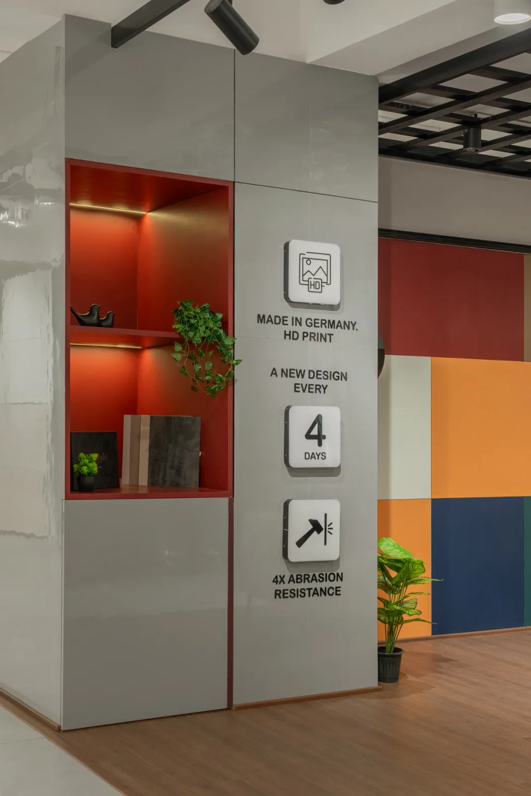 Product display column at Royale Touche Showroom, Porbandar, interior design by Ekaya Design Studio