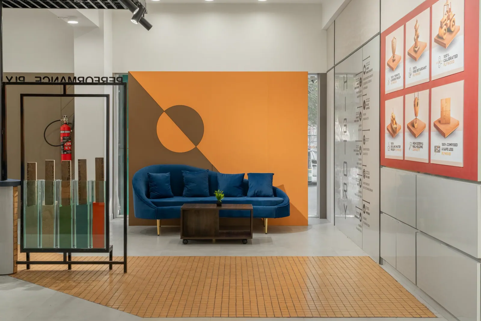 Sitting area at Royale Touche Showroom, Porbandar, interior design by Ekaya Design Studio