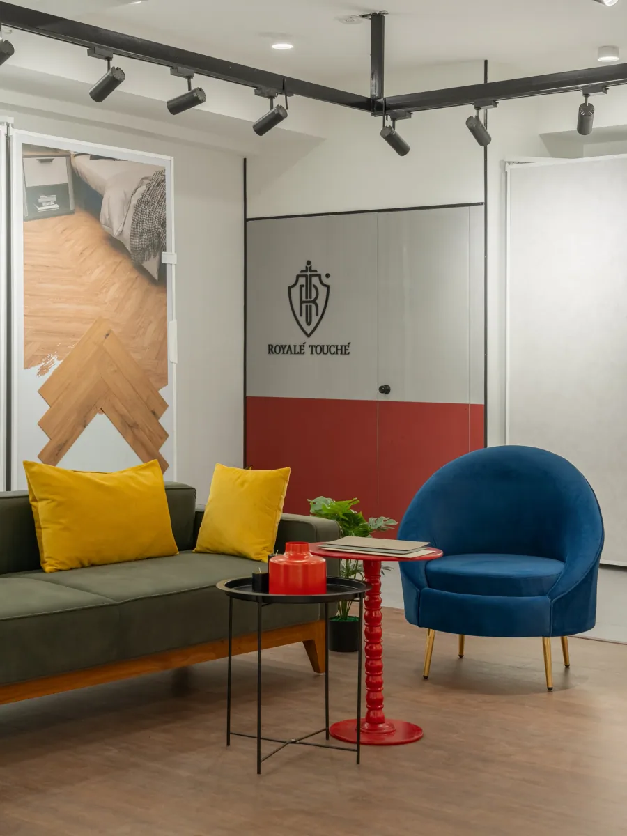 Sitting area at Royale Touche Showroom, Porbandar, interior design by Ekaya Design Studio