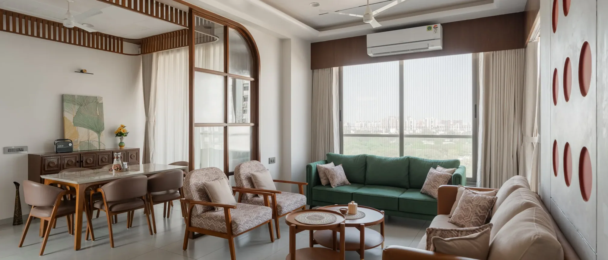 Living room at Satyamev Serene, interior design by Ekaya Design Studio