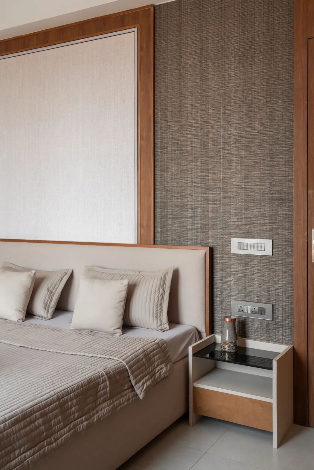 Bedroom at Satyamev Serene, interior design by Ekaya Design Studio