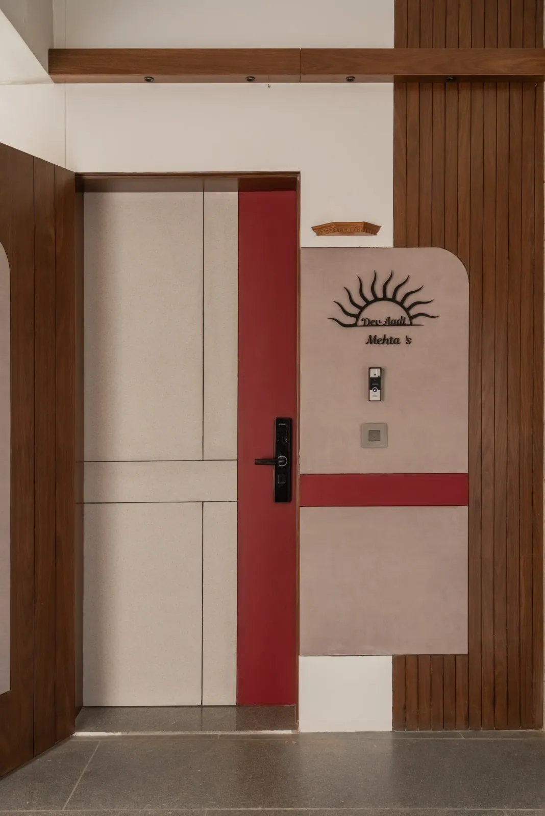 Entrance door at Satyamev Serene, interior design by Ekaya Design Studio
