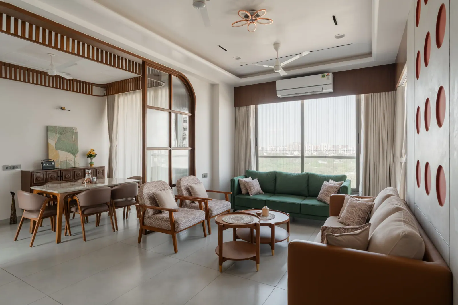 Living room at Satyamev Serene, interior design by Ekaya Design Studio