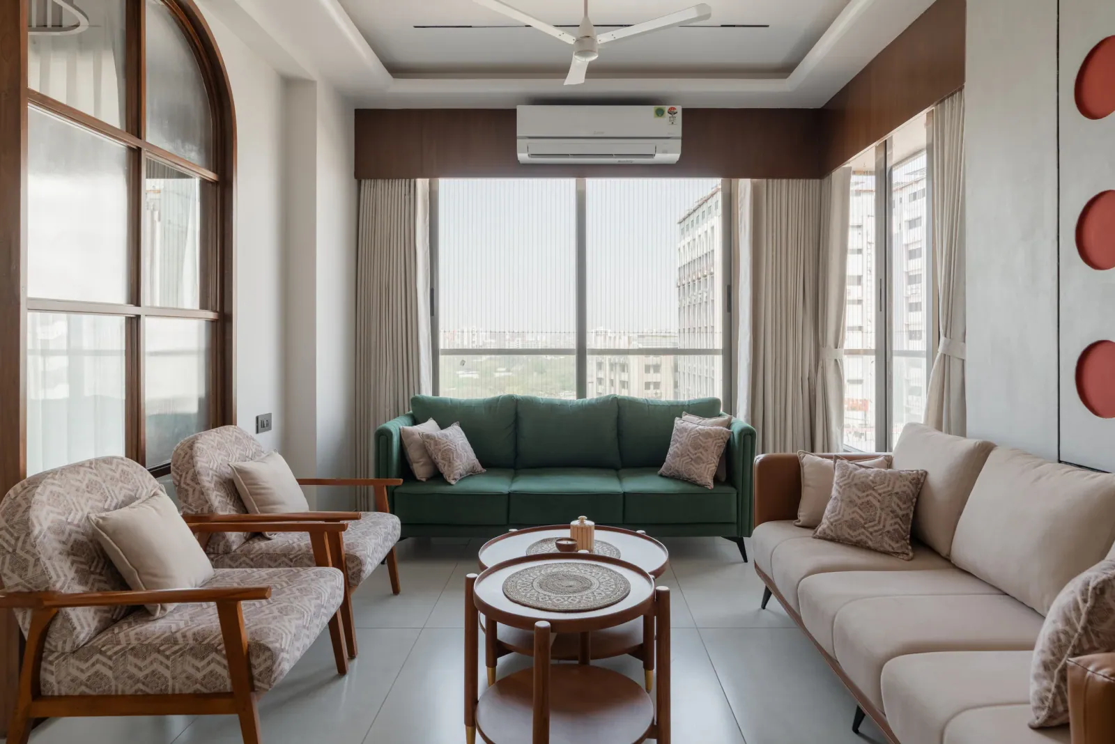 Living room at Satyamev Serene, interior design by Ekaya Design Studio