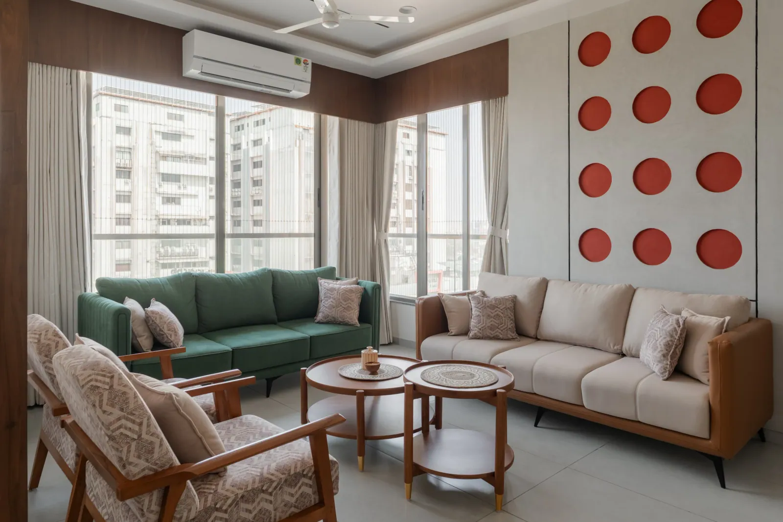 Living room at Satyamev Serene, interior design by Ekaya Design Studio