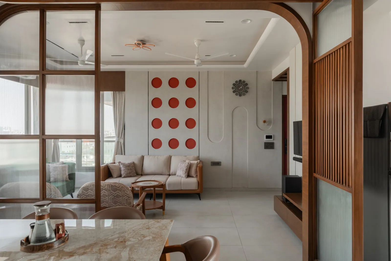 Living room at Satyamev Serene, interior design by Ekaya Design Studio