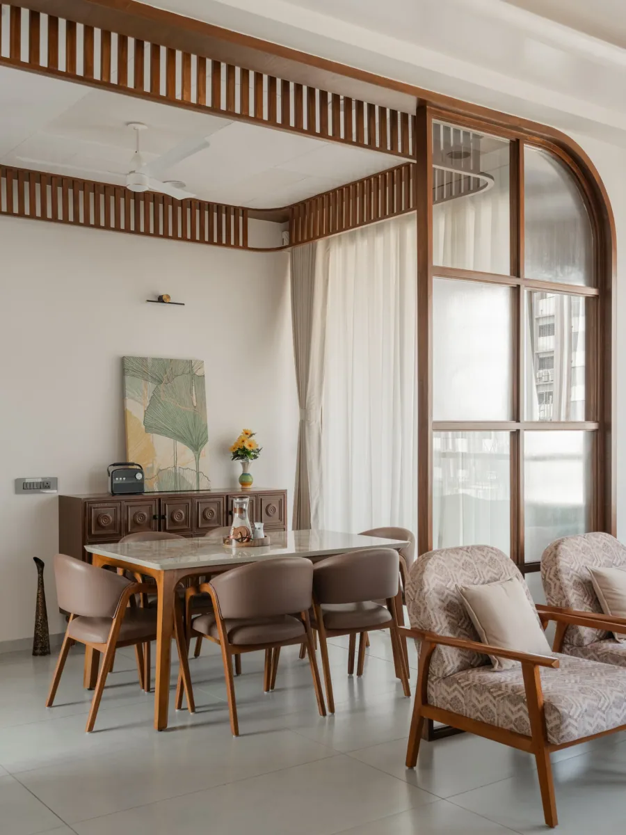 Dining area at Satyamev Serene, interior design by Ekaya Design Studio