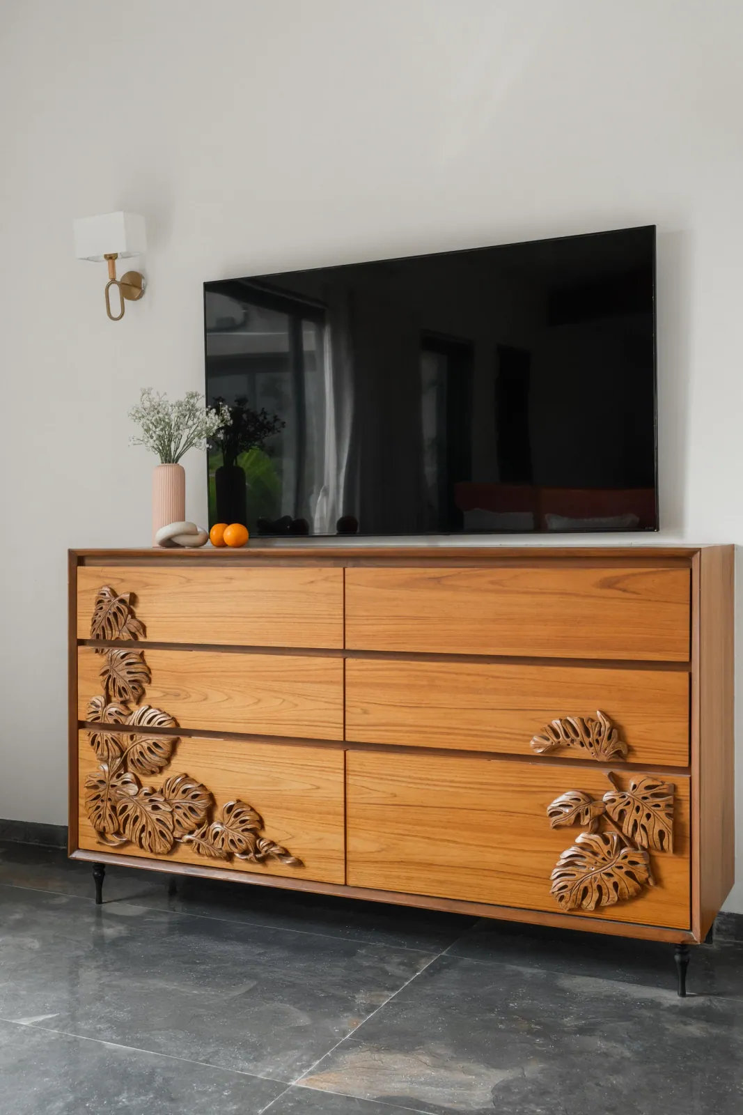 Carved chest of drawers at Shreeya Kromme, interior design by Ekaya Design Studio