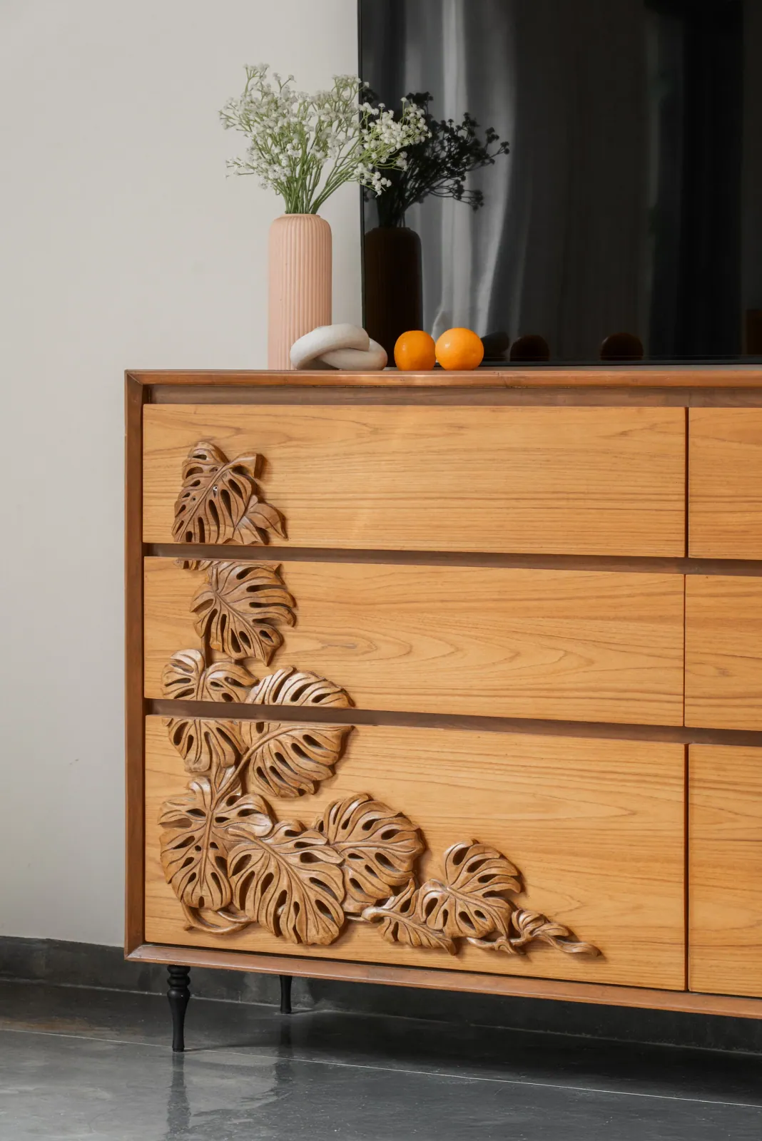Carved chest of drawers at Shreeya Kromme, interior design by Ekaya Design Studio