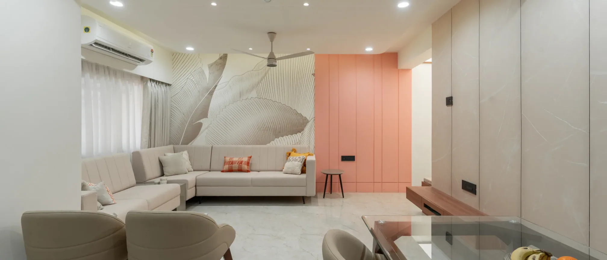 Living and dining area at Suryavanshi, interior design by Ekaya Design Studio