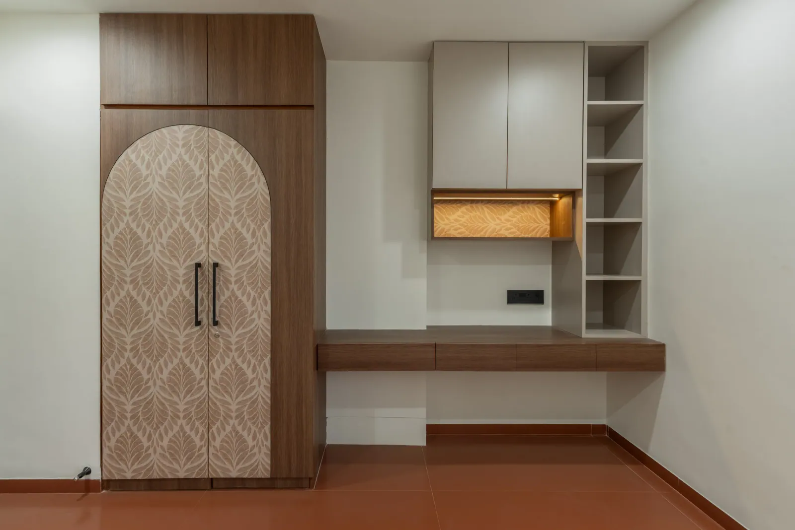 Study desk and wardrobe at Suryavanshi, interior design by Ekaya Design Studio