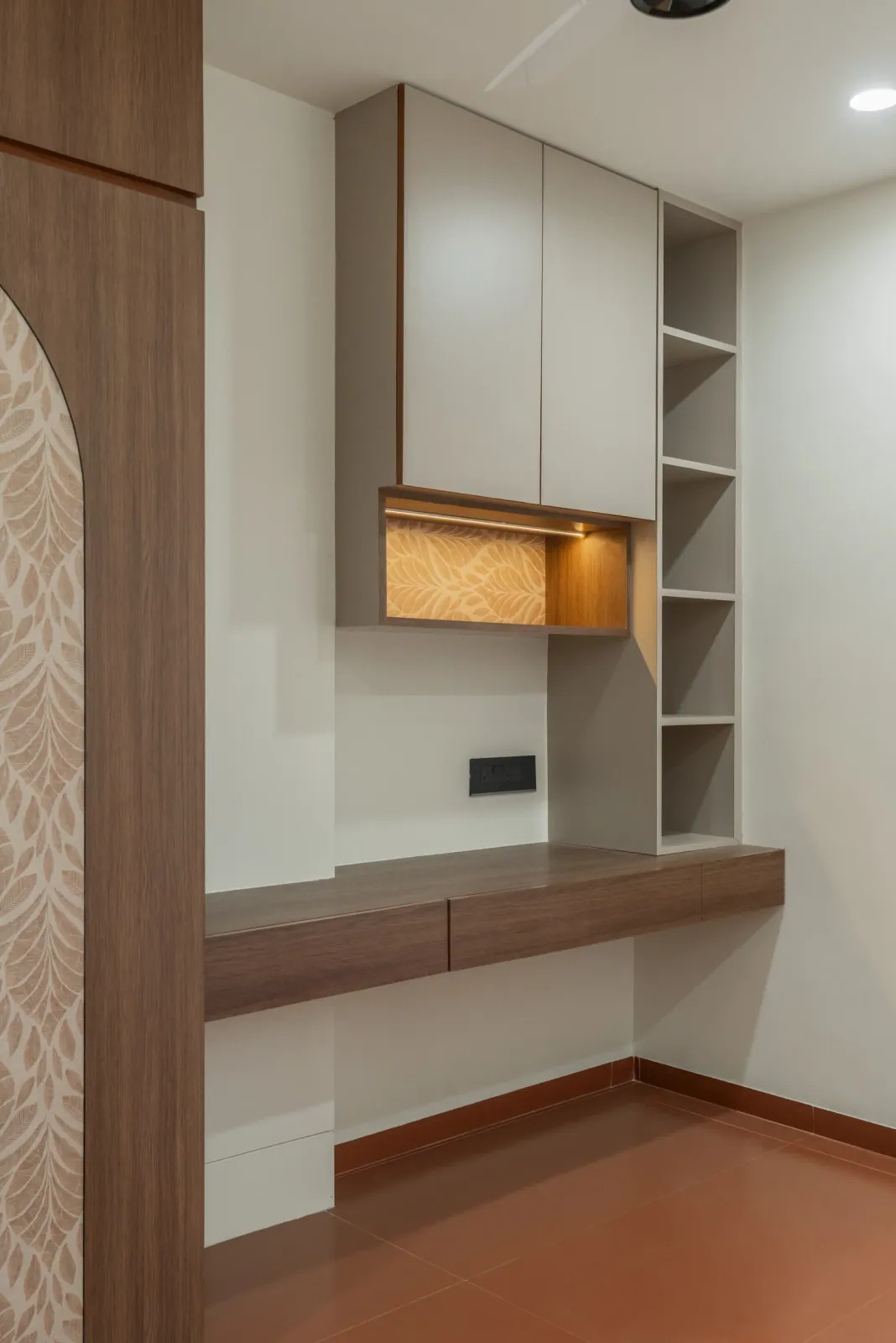 Study desk and wardrobe at Suryavanshi, interior design by Ekaya Design Studio