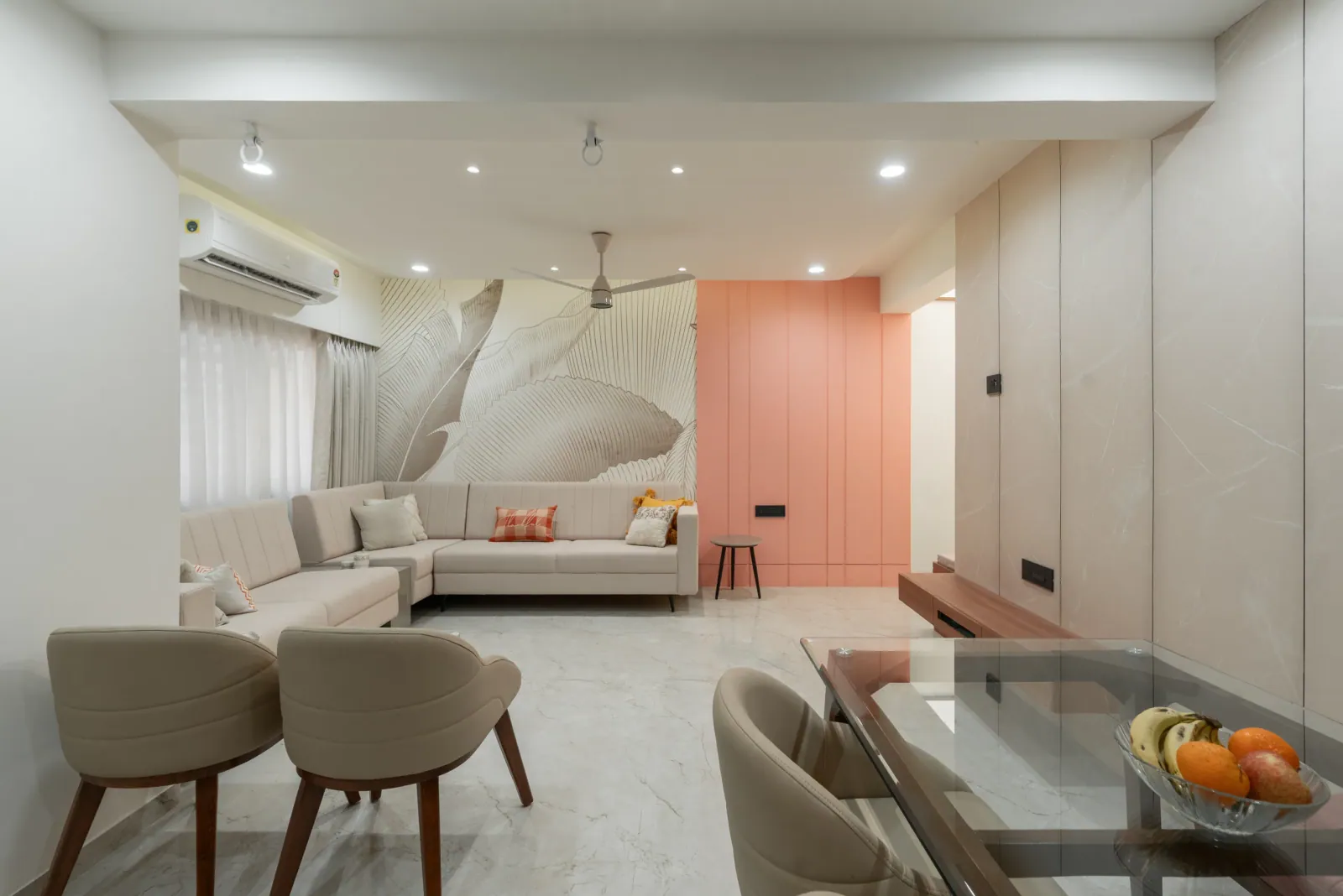 Living and dining area at Suryavanshi, interior design by Ekaya Design Studio