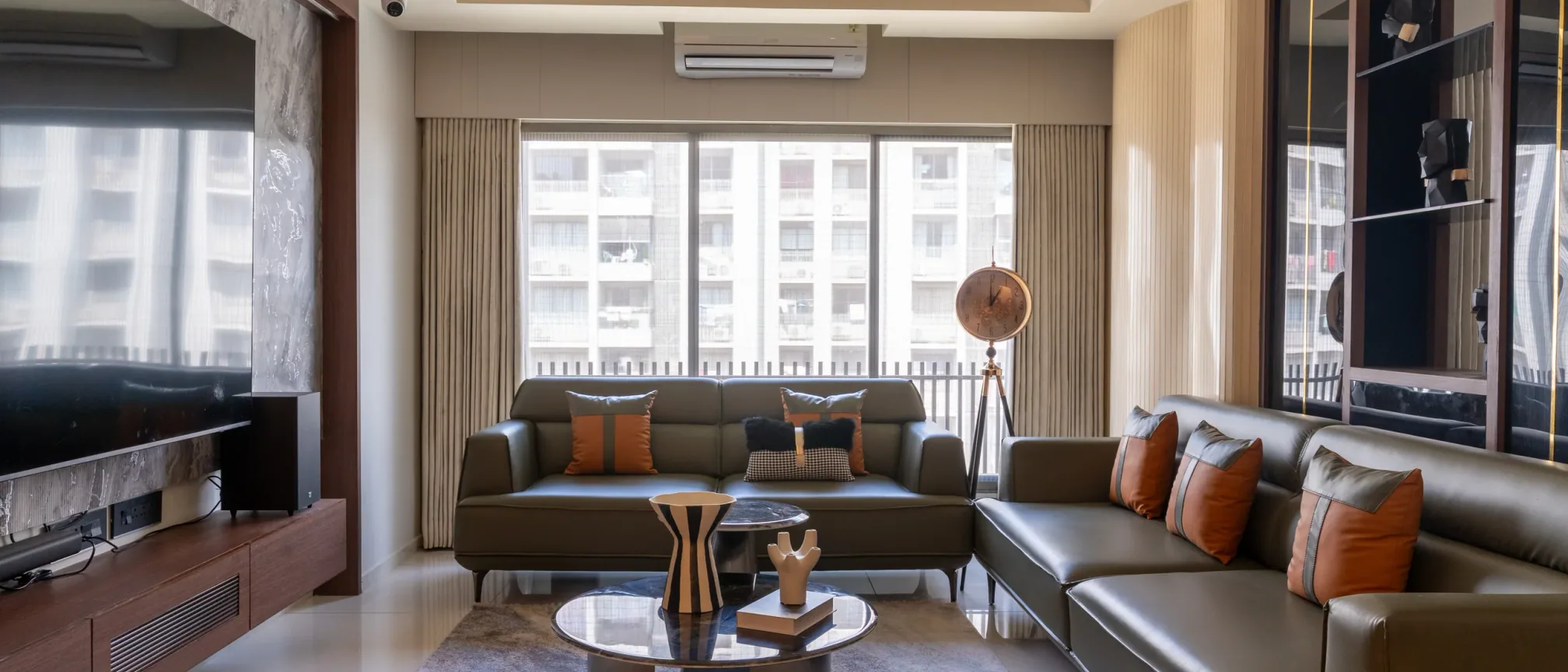 Living room at Swati Parkside, interior design by Ekaya Design Studio